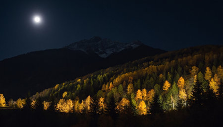 Mountain autumn landscape with yellow forest and full moon in the skyの素材