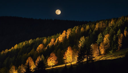 Full moon over autumn forest at night. Carpathians, Ukraineの素材