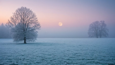Frosted trees in a foggy meadow at sunrise.の素材