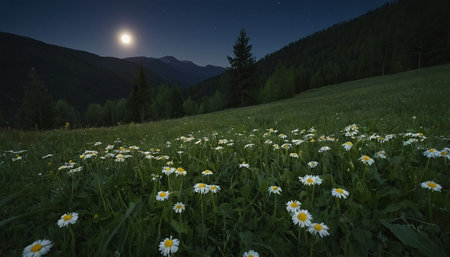 beautiful daisies in the mountains at night with full moonの素材