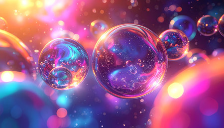 3d illustration of abstract background with bubbles and bokeh lightsの素材