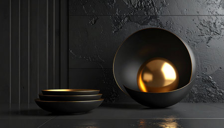 3d render of black and gold podium for product presentation. Minimal scene.の素材