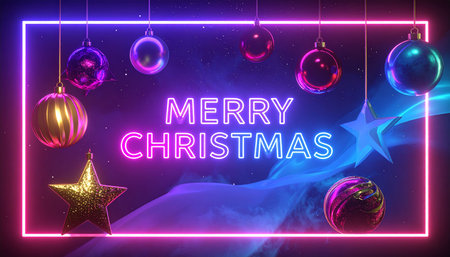 Merry Christmas greeting card with baubles. Vector illustration.の素材