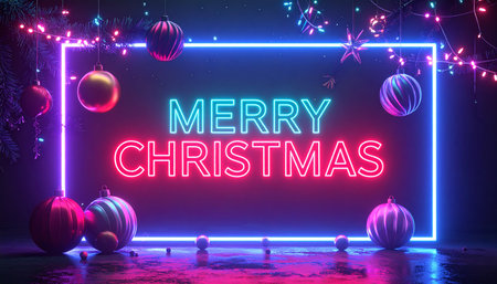 Merry Christmas in neon style on dark background. 3d renderingの素材