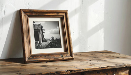 Vintage photo frame on wooden table in front of white wall.の素材