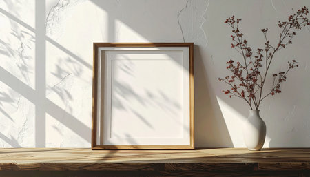 Blank frame mockup on wooden table, 3d render illustrationの素材