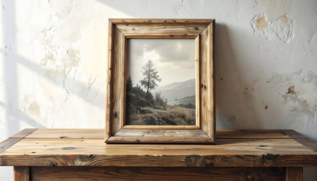Wooden photo frame on rustic wooden table in front of white wallの素材