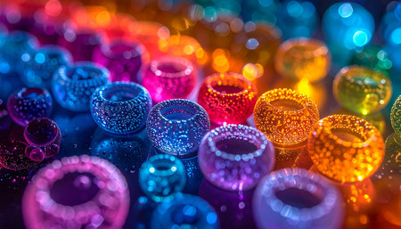 Colorful beads on a black background with bokeh effect.の素材
