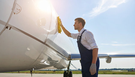 Portrait of a male worker cleaning the front part of an airplaneの素材