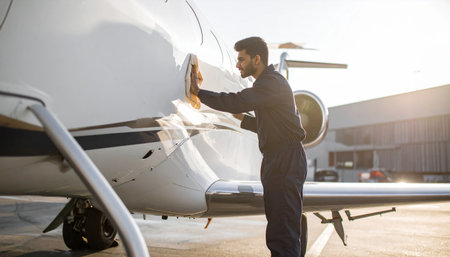 Portrait of a confident pilot standing in front of airplane at airportの素材