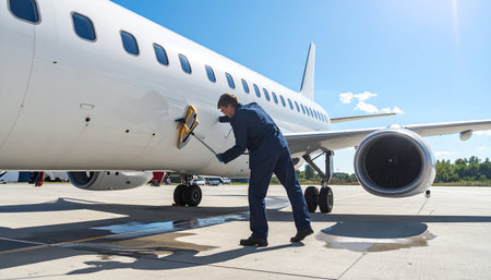 Airplane maintenance worker in blue uniform working on the aircraft at the airportの素材
