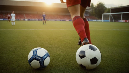 Soccer player in red jersey kicking the ball on the football fieldの素材