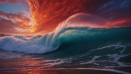 Ocean wave breaking on the beach at sunset, 3d render.の素材