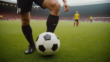 Soccer player kicking the ball on the field during the match.の素材