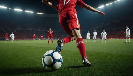 Soccer player in action with ball on the field of stadium.の素材