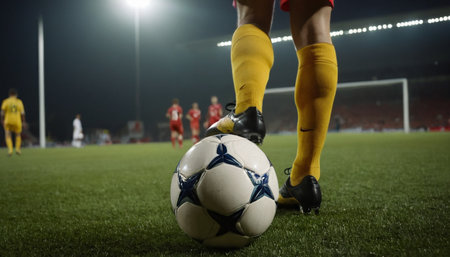 Soccer player with ball in action on field of stadium at nightの素材