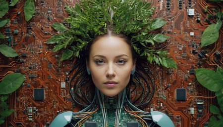 Close-up portrait of a beautiful girl with a wreath of leaves on her head against the background of an electronic circuit.の素材