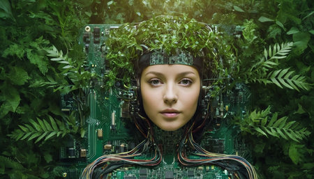 Futuristic girl in the green forest. Artificial Intelligence concept.の素材