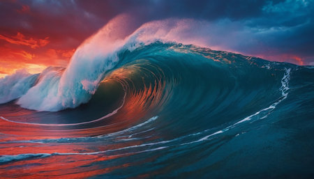 Surfing ocean wave at sunset. 3D Rendering and illustrationの素材