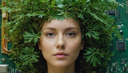 Close-up portrait of a beautiful girl with green leaves on her headの素材
