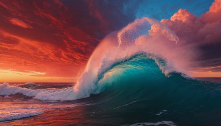 Surfing ocean wave at sunset time. 3d render illustration.の素材