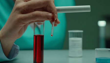 Close-up of scientist hand holding test tube with red liquid.の素材