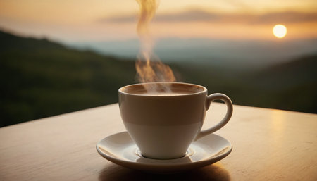 Coffee cup on wooden table in coffee shop with sunrise backgroundの素材