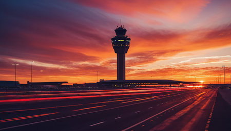 Airport control tower and runway at sunset in Kuala Lumpur, Malaysiaの素材