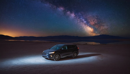 Car in the desert at night with starry sky and milky wayの素材