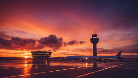 Airport terminal and control tower with sunset sky, Bangkok, Thailandの素材