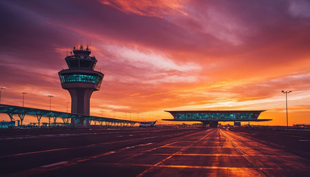 Airport control tower and runway with red sky at sunset, Bangkok, Thailandの素材