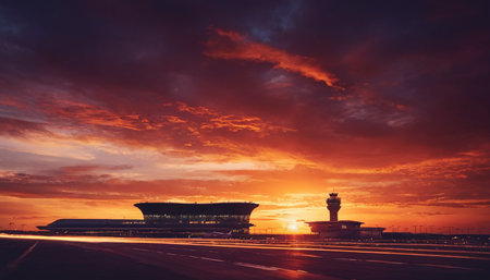 Airport control tower and runway at sunset in Bangkok, Thailand.の素材