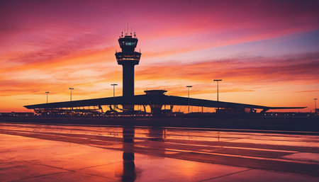 Airport control tower with colorful sky at sunset, Bangkok, Thailandの素材