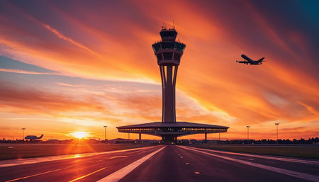 Airport control tower and runway at sunset, Bangkok, Thailand.の素材