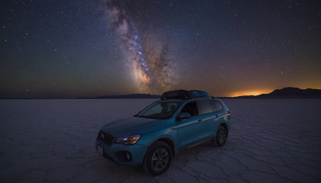 3D CG rendering of car in the desert with starry skyの素材
