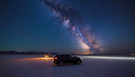 Night starry sky with milky way and car in the desertの素材