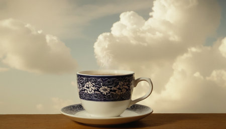 Cup of coffee on wooden table with sky and clouds background.の素材
