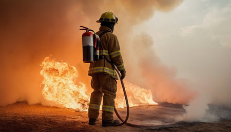 Firefighter extinguishing a fire in a burning house or office.の素材