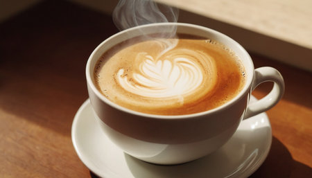 Cup of cappuccino with latte art on wooden tableの素材