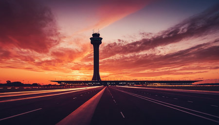 Airport control tower at sunset in Kuala Lumpur, Malaysia. Long exposure.の素材