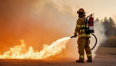 Firefighter in action fighting a fire with a fire extinguisher.の素材