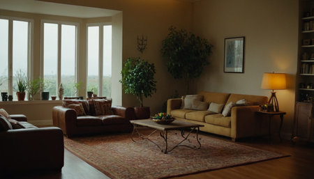Interior of a living room with a sofa and a coffee tableの素材