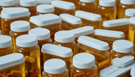 Close up of a group of medicine bottles, shallow depth of fieldの素材