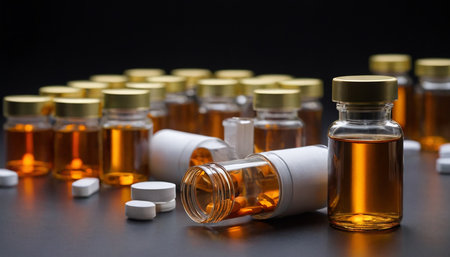 Glass vials with pills and tablets on black background. Focus on foreground, shallow DOF.の素材