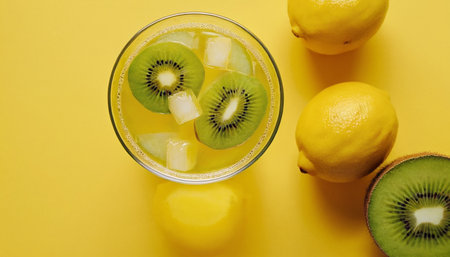 Kiwi and lemon juice in a glass on a yellow backgroundの素材