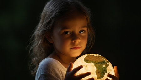 Little girl holding a globe in her hands on a dark background.の素材