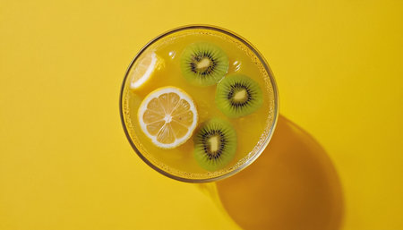 Glass of kiwi lemonade on yellow background, top viewの素材