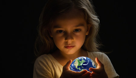 Little girl holding the planet earth in her hands on a black backgroundの素材