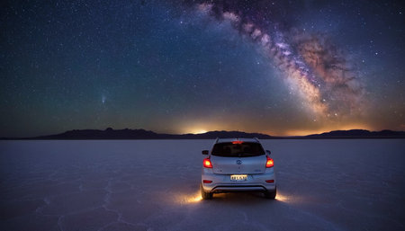 Car on the salt lake at night with starry sky and milky wayの素材