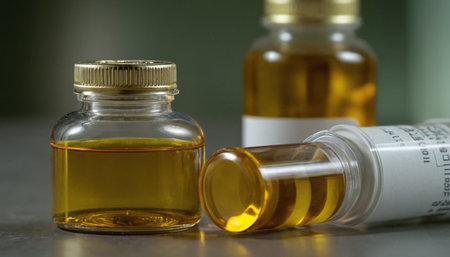 Close up of a medical bottle and ampoule on a tableの素材